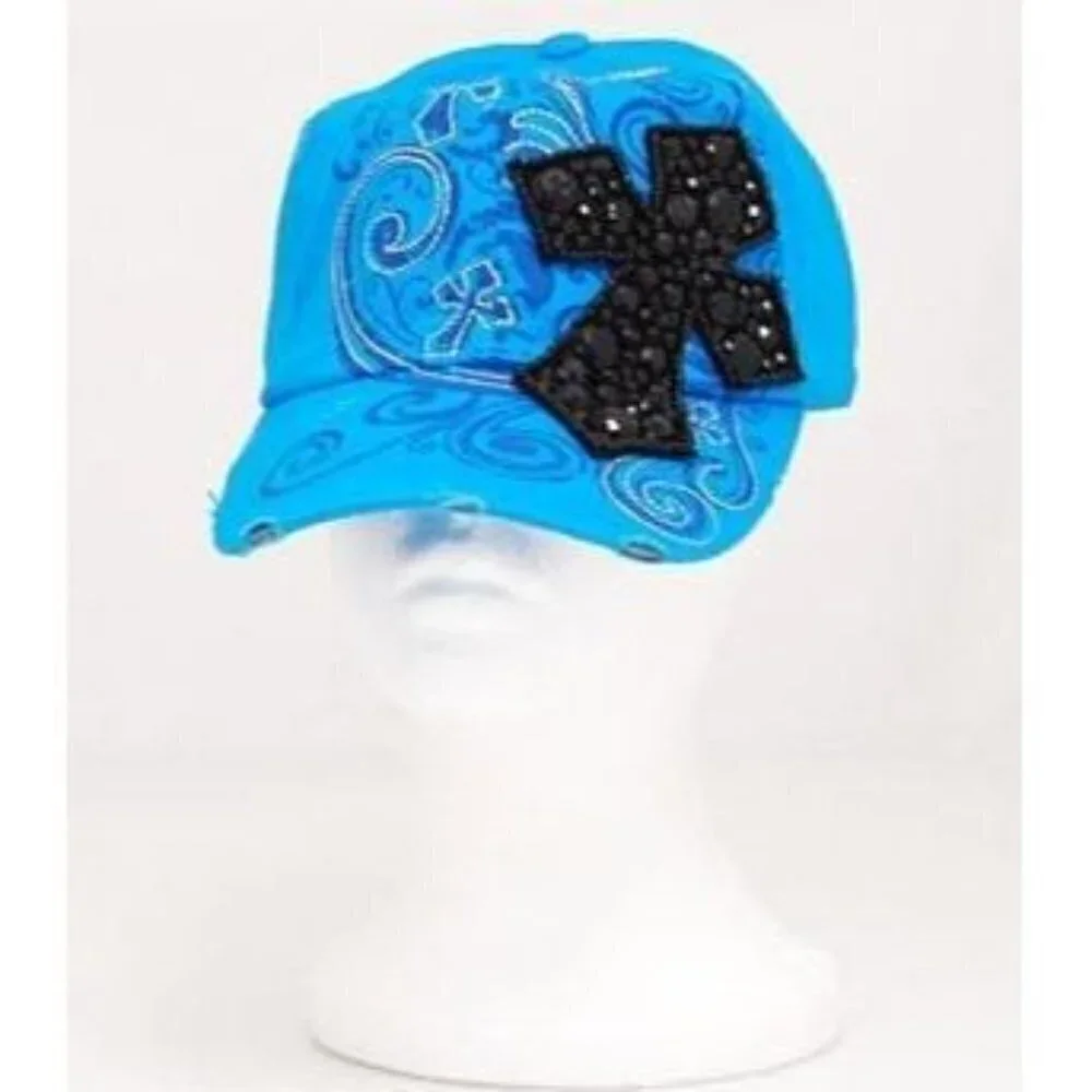 Women Blue Inspirational Cross Rhinestone Crystal Cap Hat Stud Decorative Cotton